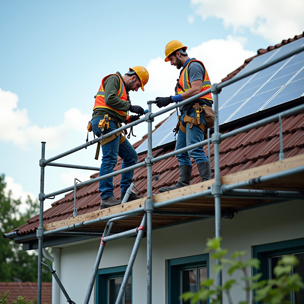 Dach mit Photovoltaikanlage, Gerüst im Vordergrund und zwei Handwerker bei der Arbeit. Sicherer Schutz durch professionelle Installation mit Solarkäfig.