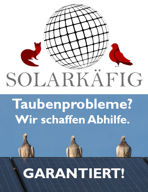 Solarkäfig-Logo mit Tauben auf einer PV-Anlage und dem Slogan "Taubenprobleme? Wir schaffen Abhilfe. Garantiert." Effektive Lösung für Taubenschutz auf Solaranlagen.